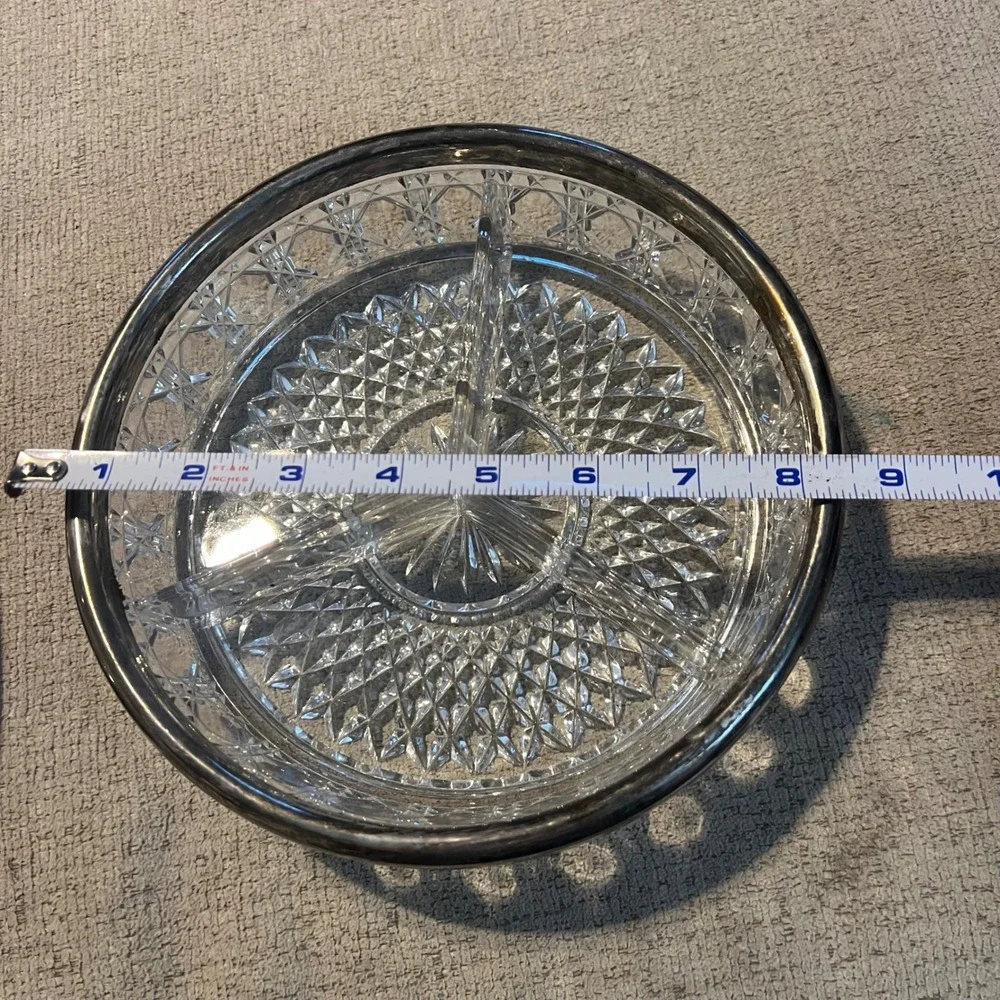 Vintage Cut Glass 3 Section Divided Relish Dish Silver Tone Rim 8 Inch Round